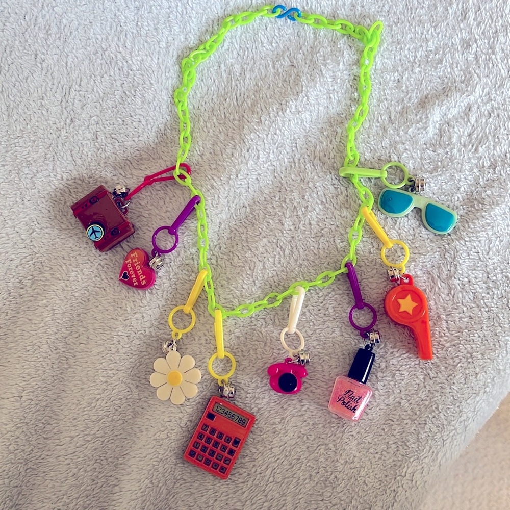 Retro 80s Style Bell Plastic Charm necklace with charms. Collection